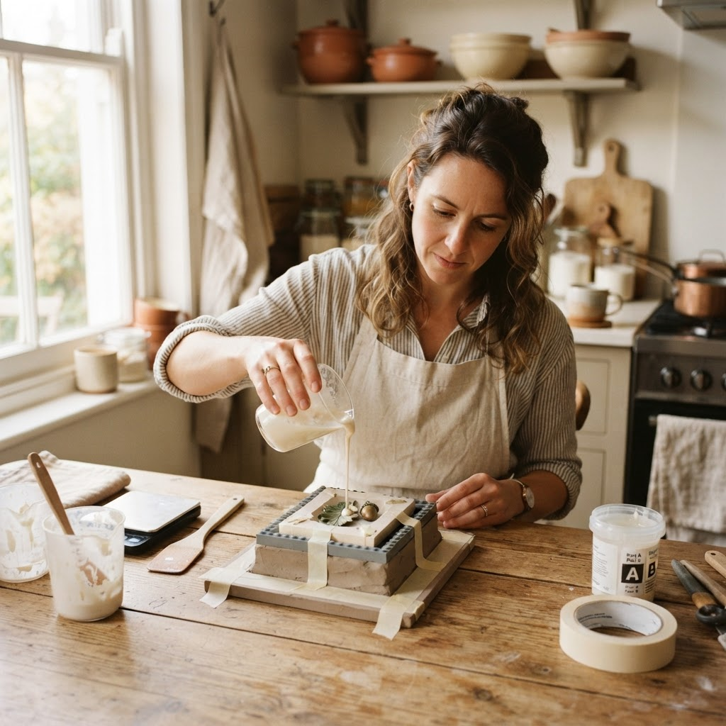 Mujer preparando un molde de silicona en su cocina