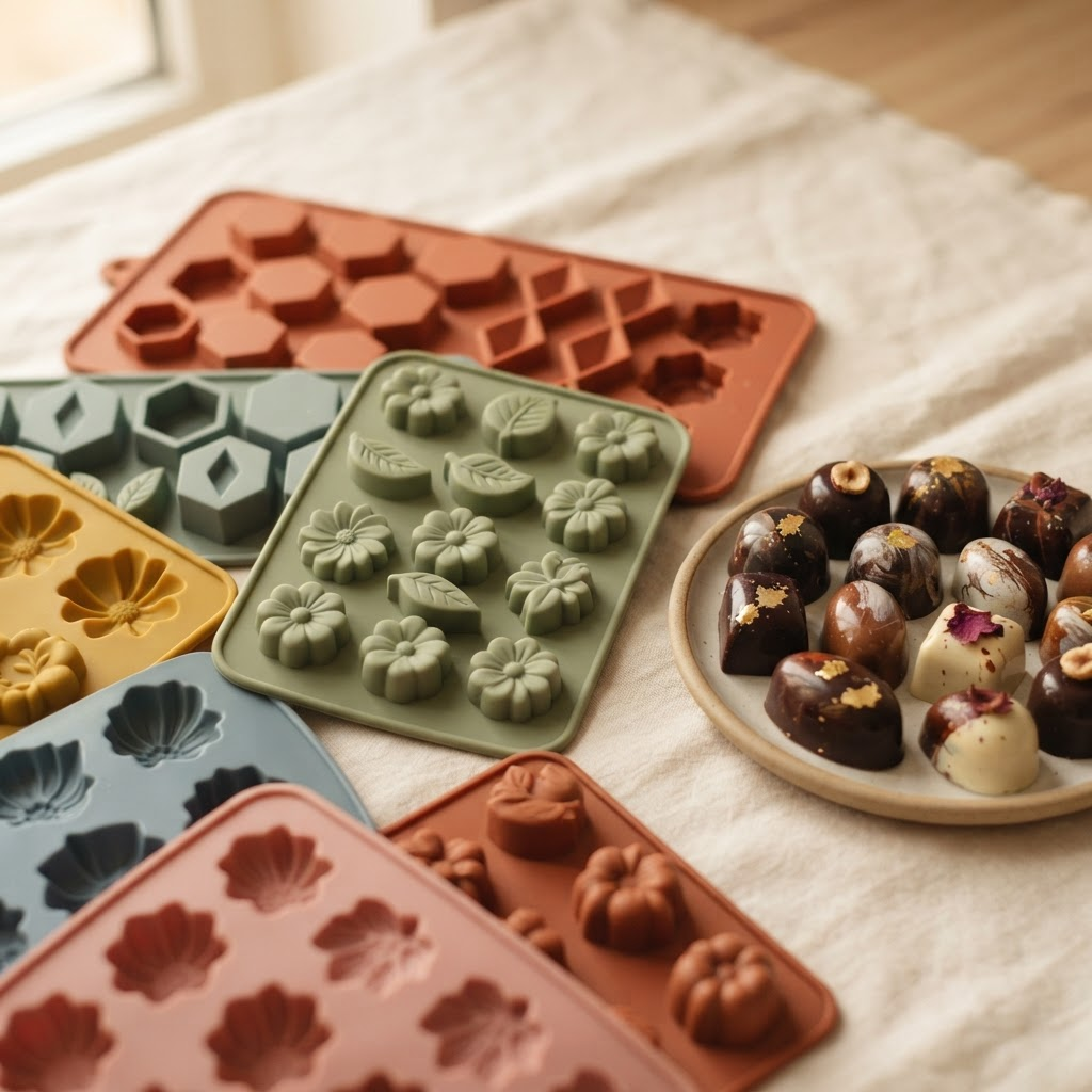Moldes de silicona coloridos junto a bombones de chocolate